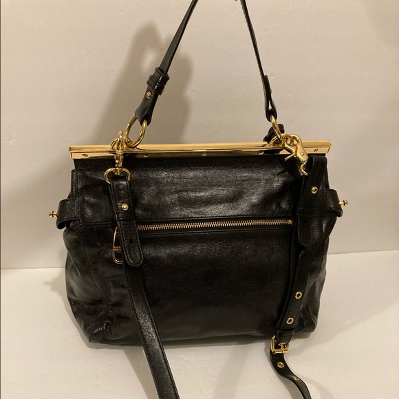 Black Leather Badgley Mischka Handbag Gold Detail - Picture 3 of 9